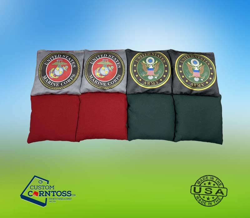 Custom printed cornhole bags with the U.S. Marine Corps and U.S. Army seals
