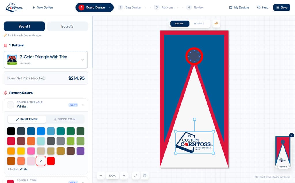 Custom cornhole board builder showing a 3-color triangle with trim design, paint color choices, and a live board preview