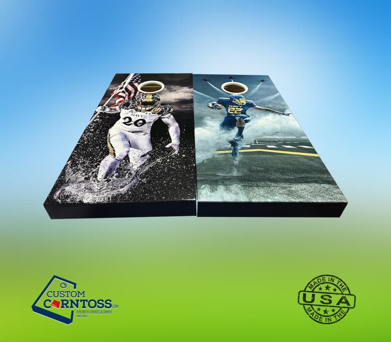 Navy football cornhole board wraps printed edge to edge with player action photos
