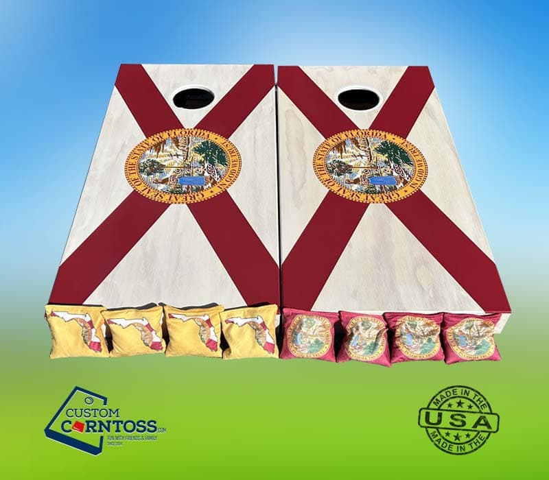 Florida state flag cornhole boards with matching Florida flag and state seal cornhole bags