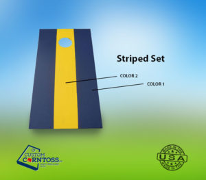 Yellow and navy striped cornhole boards