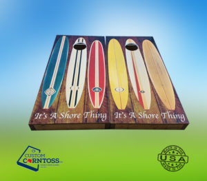 Custom Corntoss custom retro surf board "It's a Shore Thing" cornhole boards