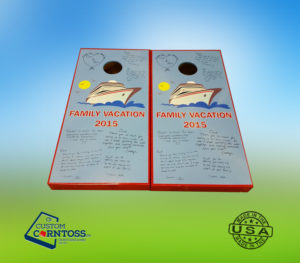 Custom Corntoss family vacation custom cornhole boards with personalized messages printed on them