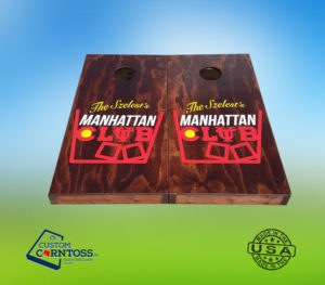 Custom Corntoss custom Manhattan Club red oak stained cornhole boards