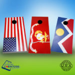 Red, white, and blue flag pattern cornhole boards