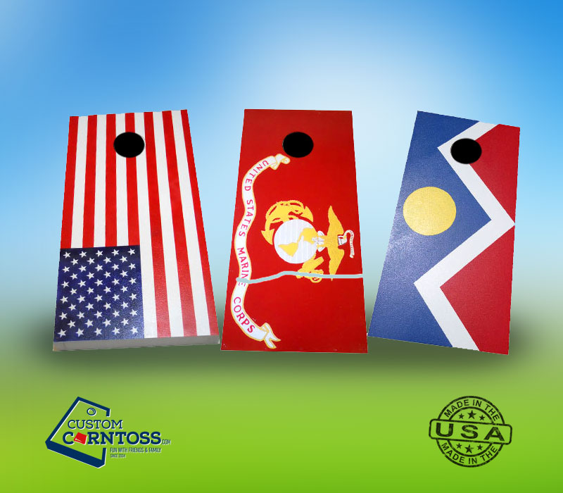 Red, white, and blue flag pattern cornhole boards