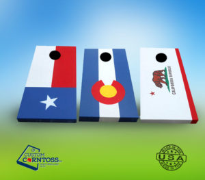 Blue, red, and white flag pattern cornhole boards