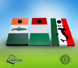 Green, orange, and red flag pattern cornhole boards