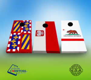 Red and white California flag pattern cornhole boards