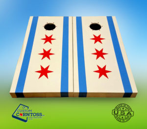 Red and blue striped flag pattern cornhole boards