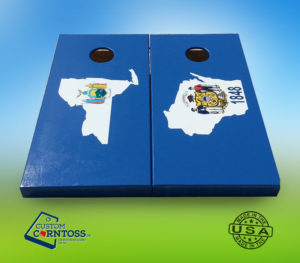Blue and white flag pattern cornhole boards