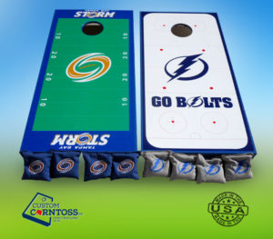 Tampa Bay Storm and Bolts full-wrap cornhole boards