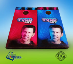 The Todd Show full-wrap cornhole boards
