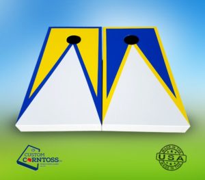 Custom Corntoss three color triangle design with trim cornhole board set