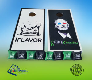 A front view of Custom Corntoss iFlavor cornhole board set with bags