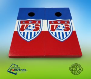 A front view of Custom Corntoss USA soccer cornhole board set