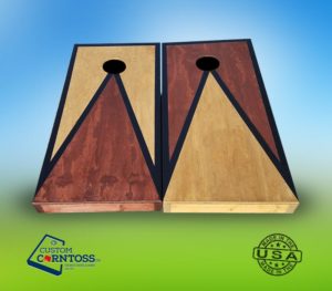 Custom Corntoss triangle wood stained cornhole board set