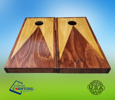 Custom pecan cornhole boards with red oak trim and triangles
