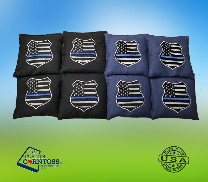 Set of 8 Black and Blue Cornhole Bags 